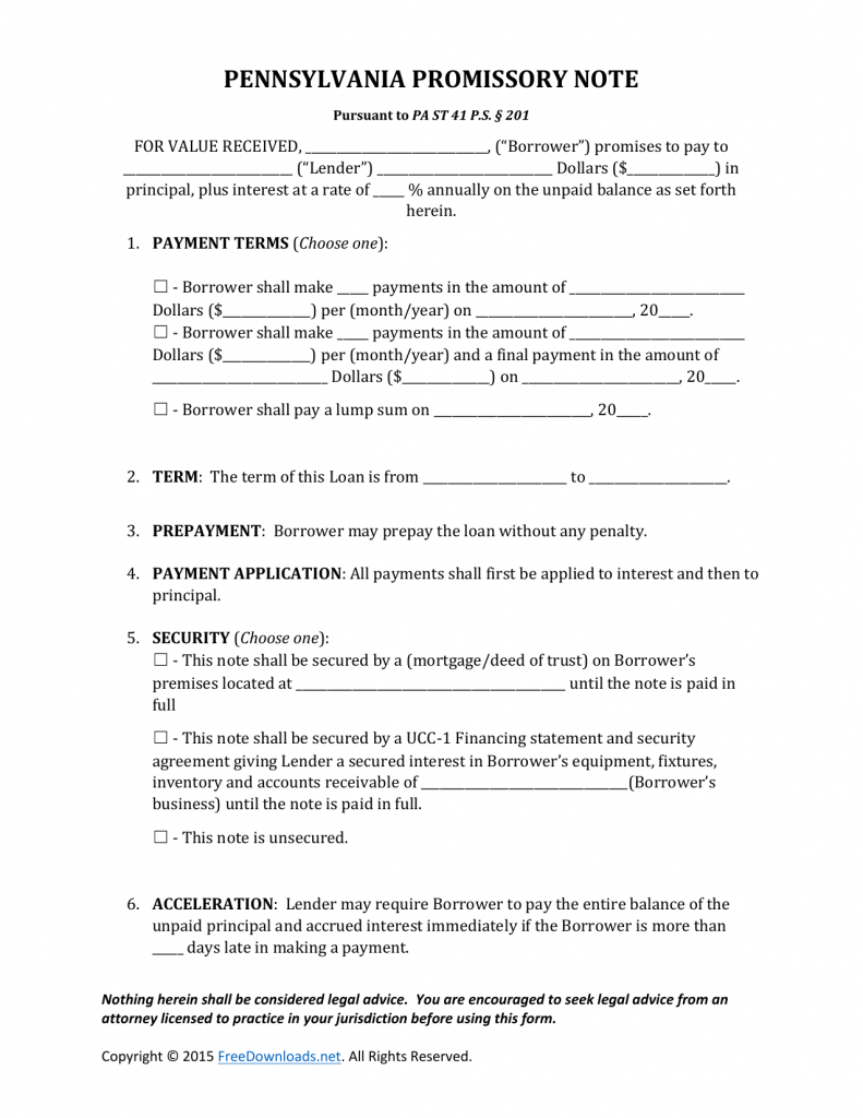 Download Pennsylvania Promissory Note Form Pdf Rtf Word 9114